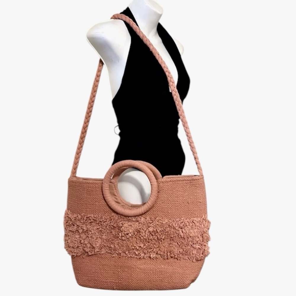 Sonoma Coral Pink Woven Chenille Ring Braided Handle Shoulder Beach Tote Bag